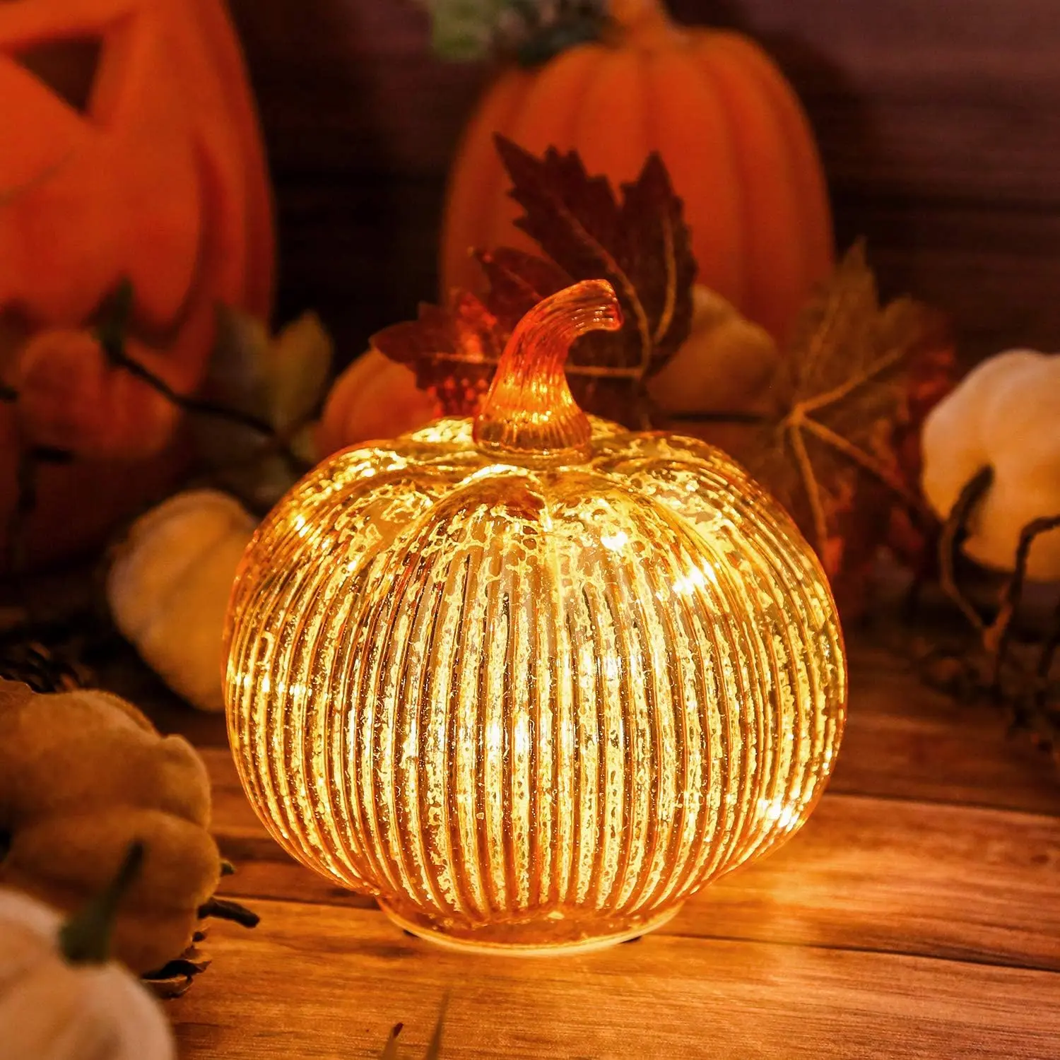Gold Mercury Glass Pumpkin Light with 2 Lighting Modes and 6-Hour Timer, 5.5 X 6 Inch Battery Operated Fall Decor for Thanksgiving and Christmas Table Centerpiece hvfun
