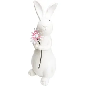 Spring Easter Decorations, 13.2" Distressed Resin Easter Bunny with Pink Flower, Easter Gifts, Farmhouse Decorative Rabbit for Tabletop Mantel, Spring Garden Yard Decor