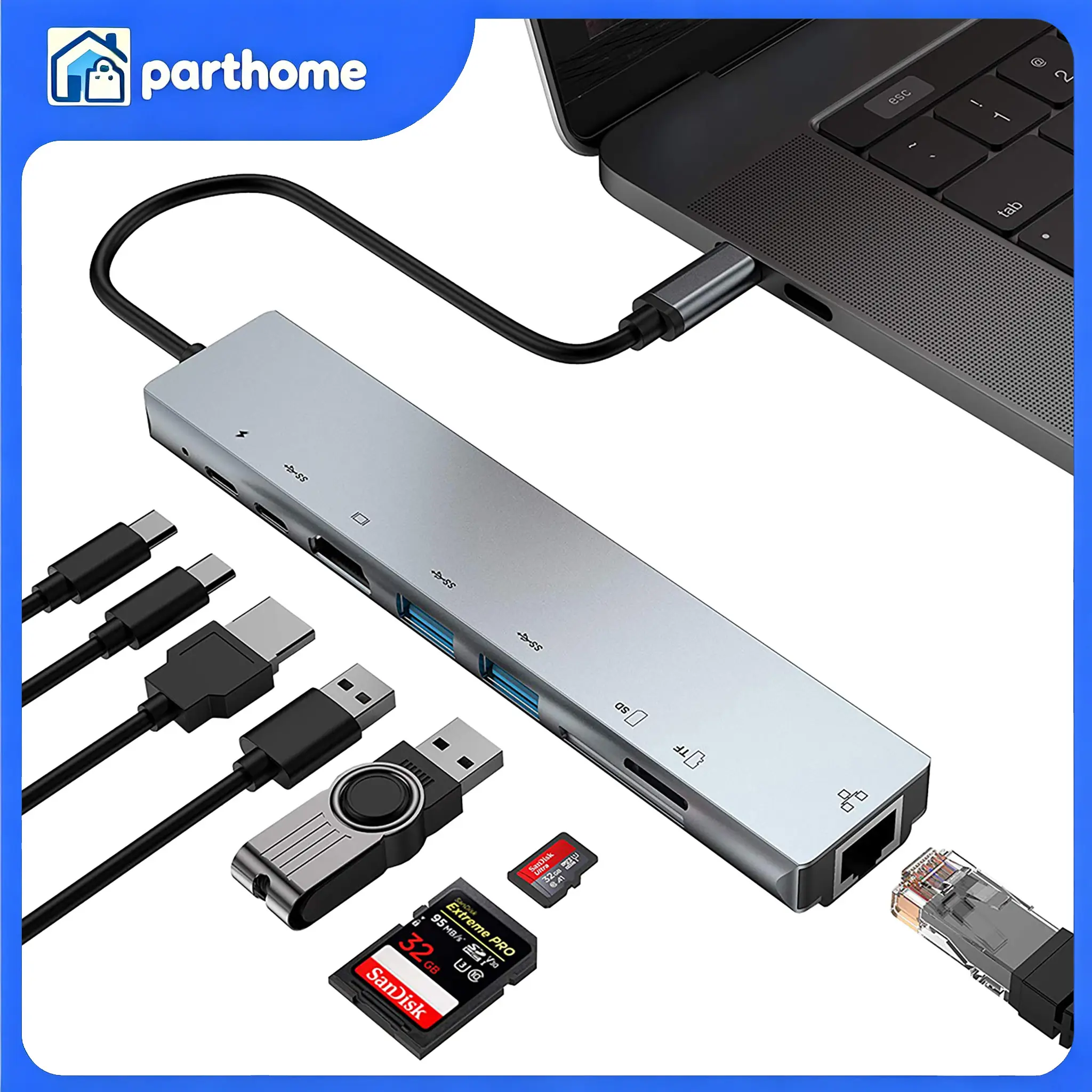 8 In 1 Multiport USB-C Hub Type C To USB 3.0 4K Adapter for Macbook Pro/Air iPad Home Office with 4K HDMI-Compatible Output and RJ45 Ethernet Port, Multiple Usb Port, Usb Adapters For Multiple Devices Usb Hub For Laptop