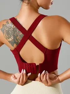 Women's Solid Criss Cross Wireless Sports Bra, Breathable Comfortable High Stretch Sports Bra, Ladies Sportswear for Indoor Outdoor Wear, Sporty Breathable Bras, Workout Bra