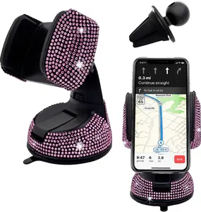 Bling Car Phone Holder,  Degree Adjustable Crystal Auto Dashboard Air Vent Cell Phone Mount, Universal Car Phone Holder Mount for Windshield Dashboard and Air Outlet (Pink)