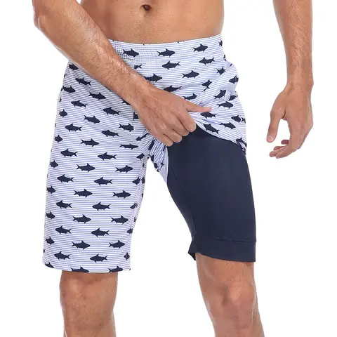 LRD Men's Printed Quick-Dry Above-the-Knee Swim Trunks - 9" Spandex Flex Shorts with Compression Liner, Zipper Pocket for Beach, Kayaking