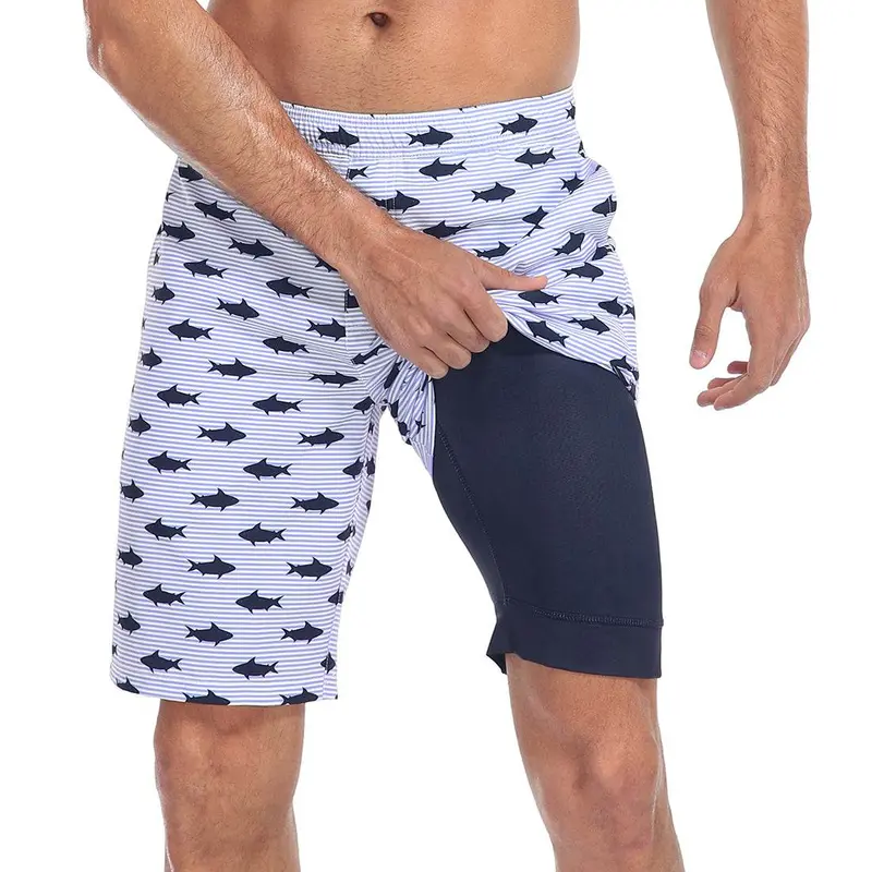 LRD Men's Printed Quick-Dry Above-the-Knee Swim Trunks - 9" Spandex Flex Shorts with Compression Liner, Zipper Pocket for Beach, Kayaking