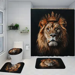 Crown Lion Pattern Bath Curtain Set with Rug, Non-Slip Shower Mat, U-Shaped Toilet Lid Cover Pad, Bathroom Decor with Hooks, Bathroom Supplies