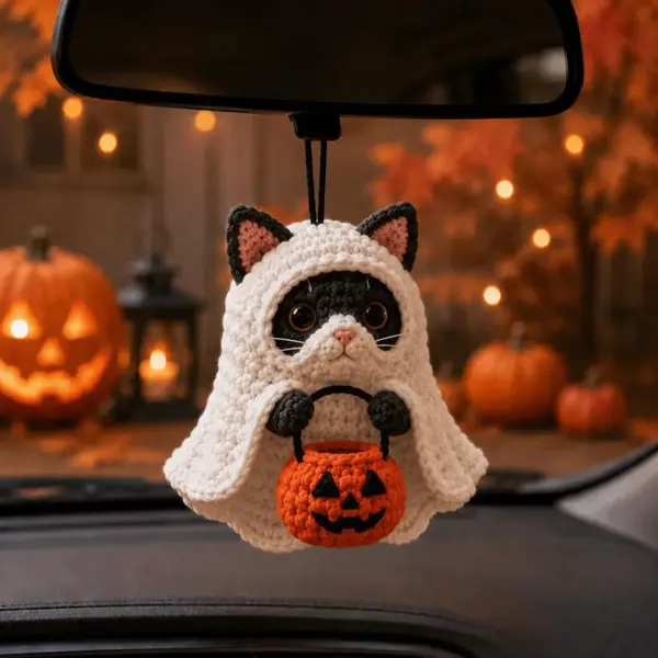 Crochet Ghost Cat with Pumpkin Basket – Cute Halloween Amigurumi Plush, Trick or Treat Home Decor, Halloween Decor, Handmade Cat