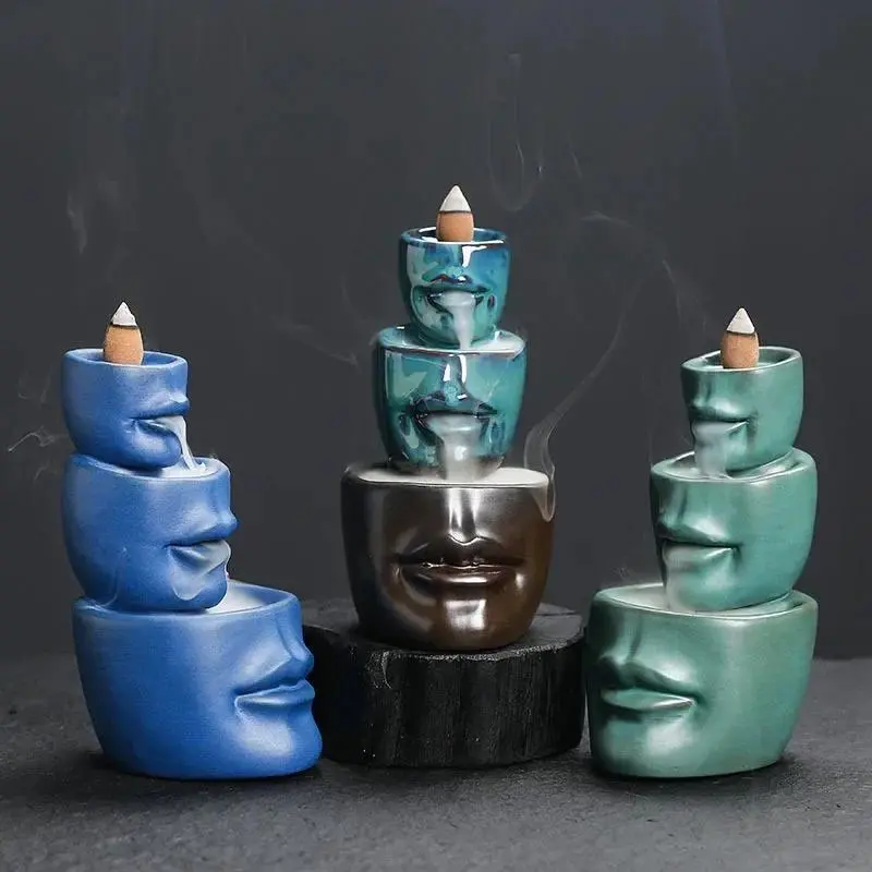 Creative Ceramic Backflow Incense Burner, 3 Counts/set Human Face Design Incense Holder, Home Decor Ornament for Living Room Bedroom Office