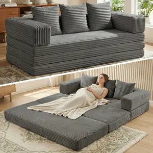 WINZOO 78-in Oversized 4-in-1 Boneless Corduroy Futon Sofa Bed, Convertible Sleeper with Removable Armrests & Backrest, Foldable Mattress for Living Room Bedroom (Black)