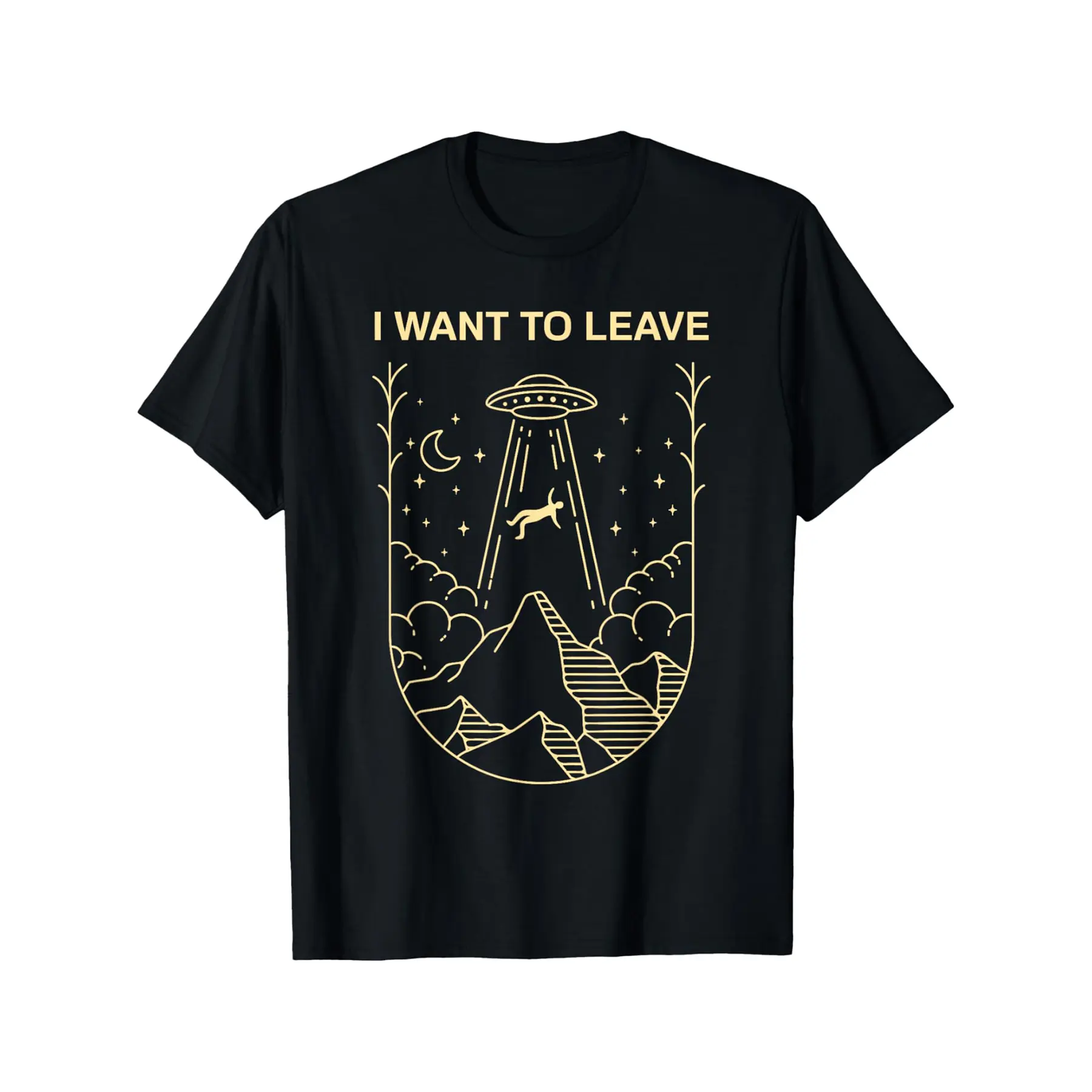 Funny Alien UFO Extraterrestrial I Want To Leave Alien Lover T-Shirt  Fun Design DIYMen's Soft breathable Summer and winter comfortable casual sports Halloween and Christmas gifts Fabric Menswear Top Birthday Fitted Graduation