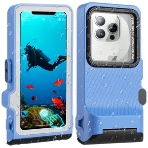 2025 Professiona Waterproof Phone Case, Outdoor Diving Snorkeling Swimming Surfing Underwater Touch Screen Housing Cover for iPhone 16 Pro Max Samsung S25 Ultra No More Than 6.9 Inch (Blue Silver)