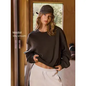 GLOWMODE Modal Soft Warm Curved Bubble Hem Waist Length Relaxed Sleeves Ribbed Cuffs Two-Way Wear Crew Neck Pullover Sweatshirt Daily Casual Wear