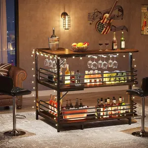 L-Shaped Home Bar Unit, 3 Tier Liquor Table With Storage Shelves and Wine Glasses Holder, Mini Bar for Home Kitchen Pub