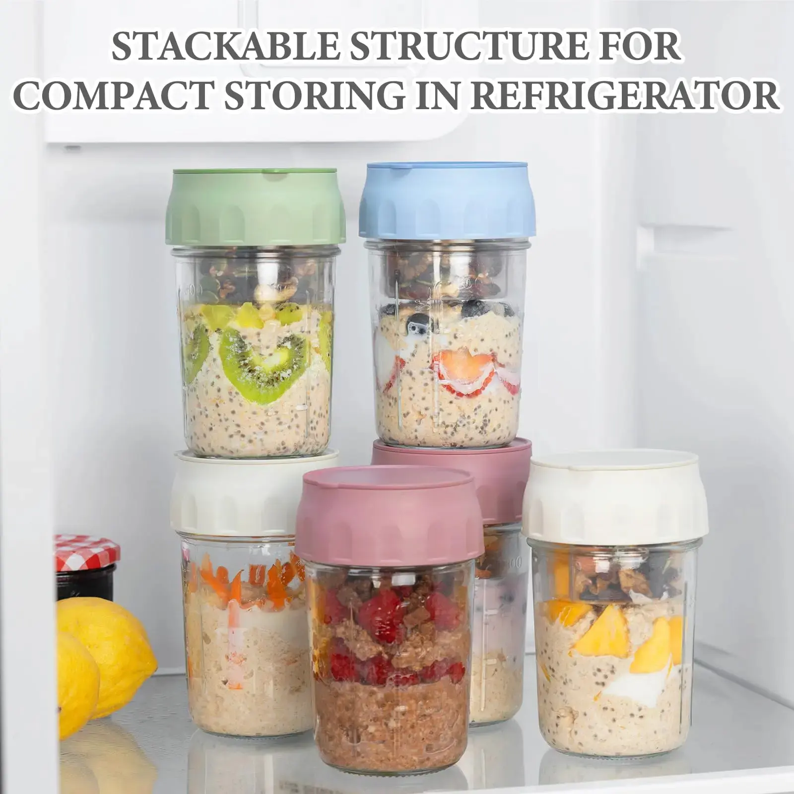 4 Pack Overnight Oats Containers with Lids, Folding Spoons and Divided Compartments for Fruit & Nuts, Small Glass Mason Jars for Oatmeal Yogurt Parfait Tin Bottles Canister