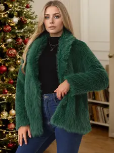INSPIRE CHIC Faux Fur Coat Long Sleeve Pockets Lapel Shaggy Warm Winter Fluffy Overcoat Dark Green