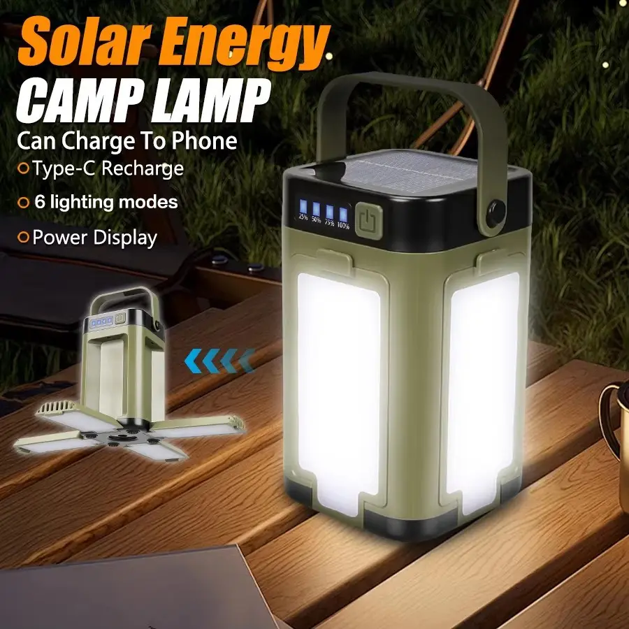 Solar Four-Leaf Camping Lantern, Rechargeable, Dual Light Source, 90° Folding Fan Blades, Handheld Night Light, Battery Display, Outdoor Use, Rechargeable Torch, Solar Rechargeable Searchlight
