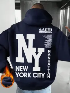 Men's New York Theme Print Fleece Hoodie, Comfortable Casual Clothing, Perfect for Daily Wear, Campus, Fashion Versatile