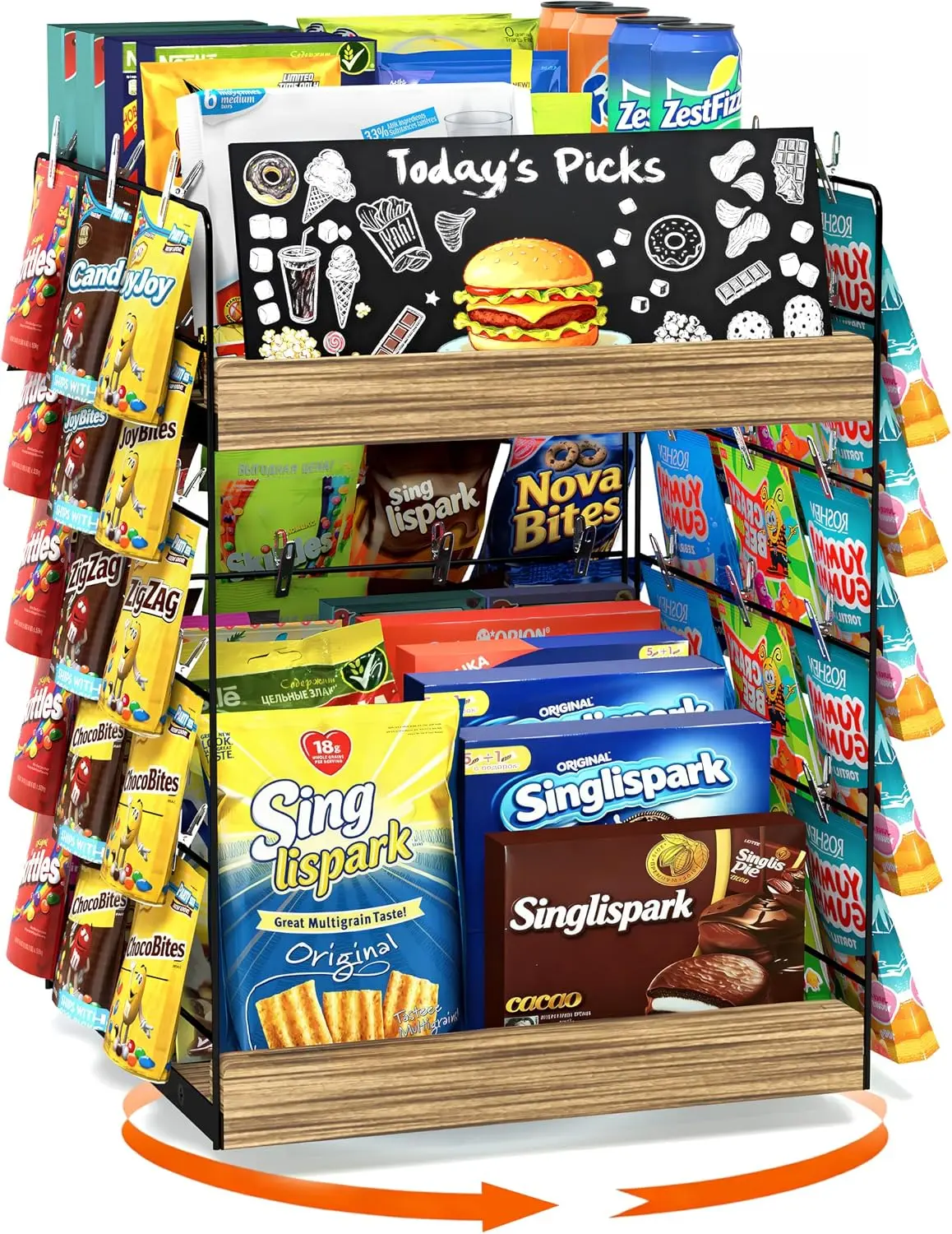 Emfogo chip Rack Display Stand for Countertop Store Office Kitchen, 6 Tier Rotating Snack Organizer with 50 Clips, Brown Wood Base Candy Display Rack, Portable Retail Shelf for Chips Nuts Cookies Party Snacks