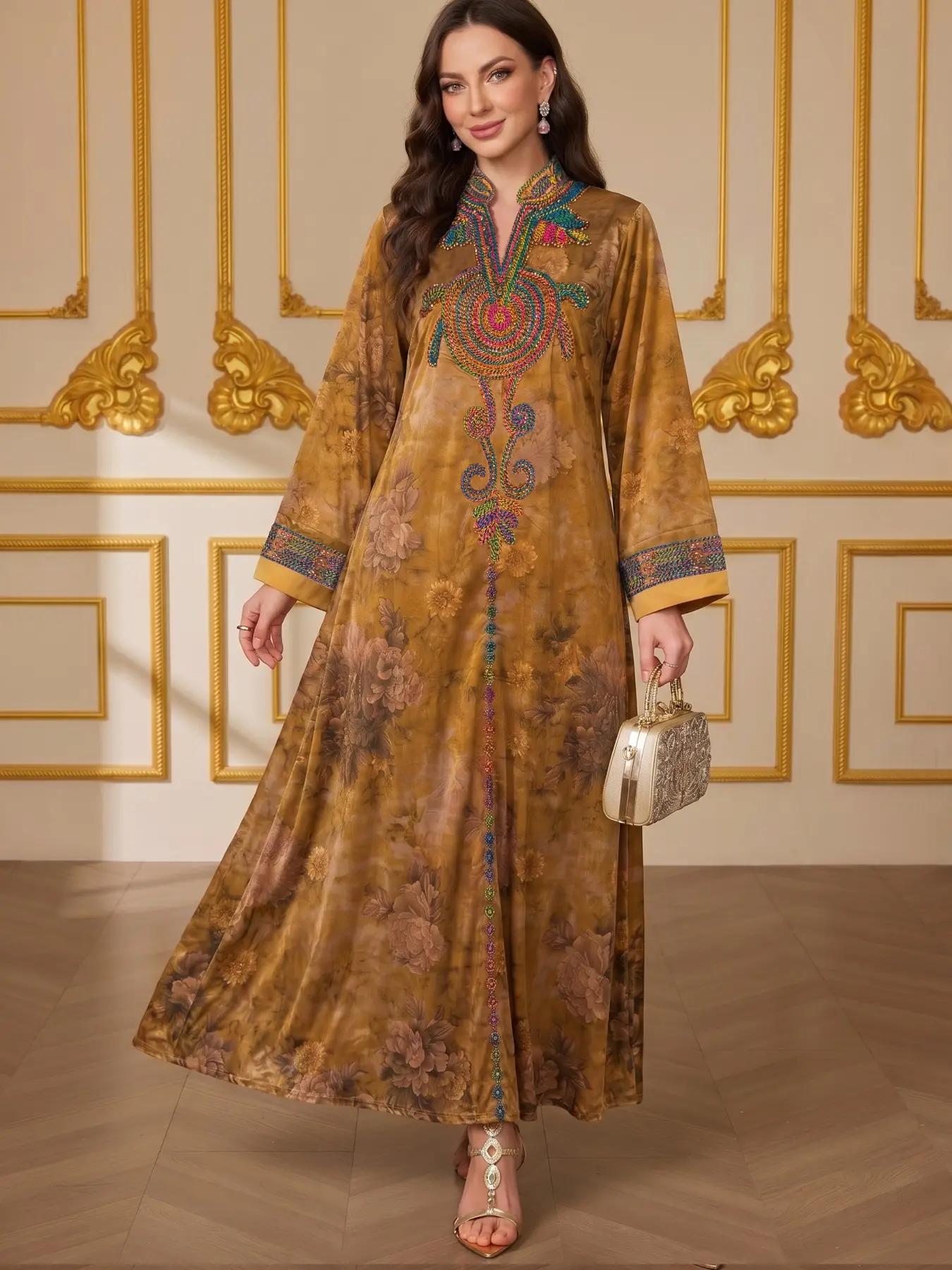 Middle Eastern Muslim Floral Print Abaya, Heavy Ethnic Embroidery Stand Collar Long Sleeve Dress, All Seasons Fitted Gown