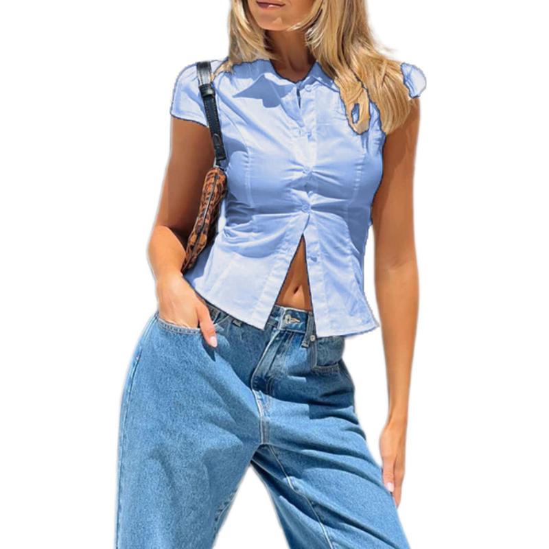 Women's Button Down Shirts Cap Sleeve Turn Down Collar Blouses Short Sleeve V Neck Collared Cropped TopsFit Coquette Going Out Tops Y2k Streetwear Party Clubwear