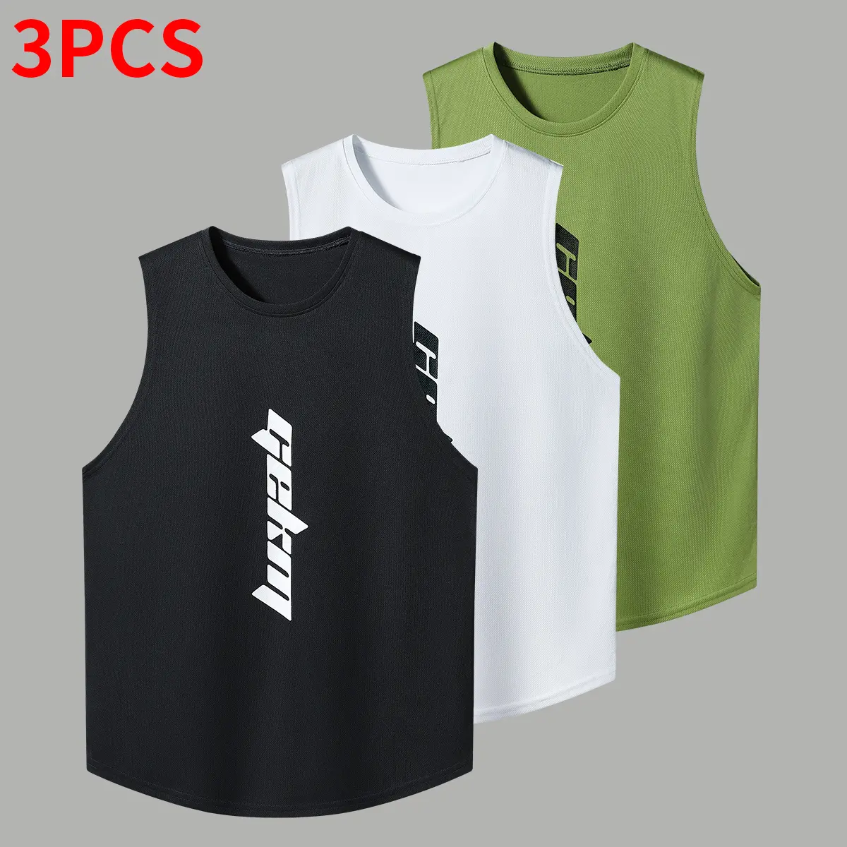 Men's Slim-Fitting Activewear Sleeveless Sports Vests 3-Pack, Quick Dry Synthetics Breathable Polyester with Vertical Letter Print for Gym, Running