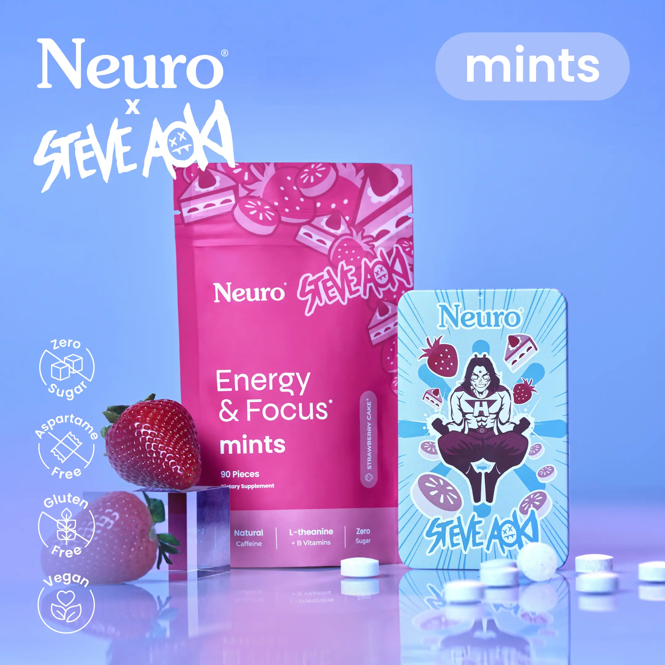 Neuro x Steve Aoki Energy & Focus Mints (Limited Edition) – Strawberry Cake Flavor – Natural Caffeine + B-Vitamins - 90 Pieces