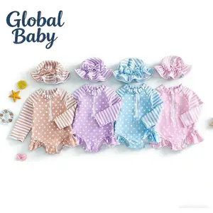 Global Baby Swimsuit Set Heart Print Long Sleeve Round Neck Rash Guard Bathing Suit with Hat for Pool Beach Girls Two Piece Swimsuit Set Kids Adorable Heart Print Long Sleeve Round Neck