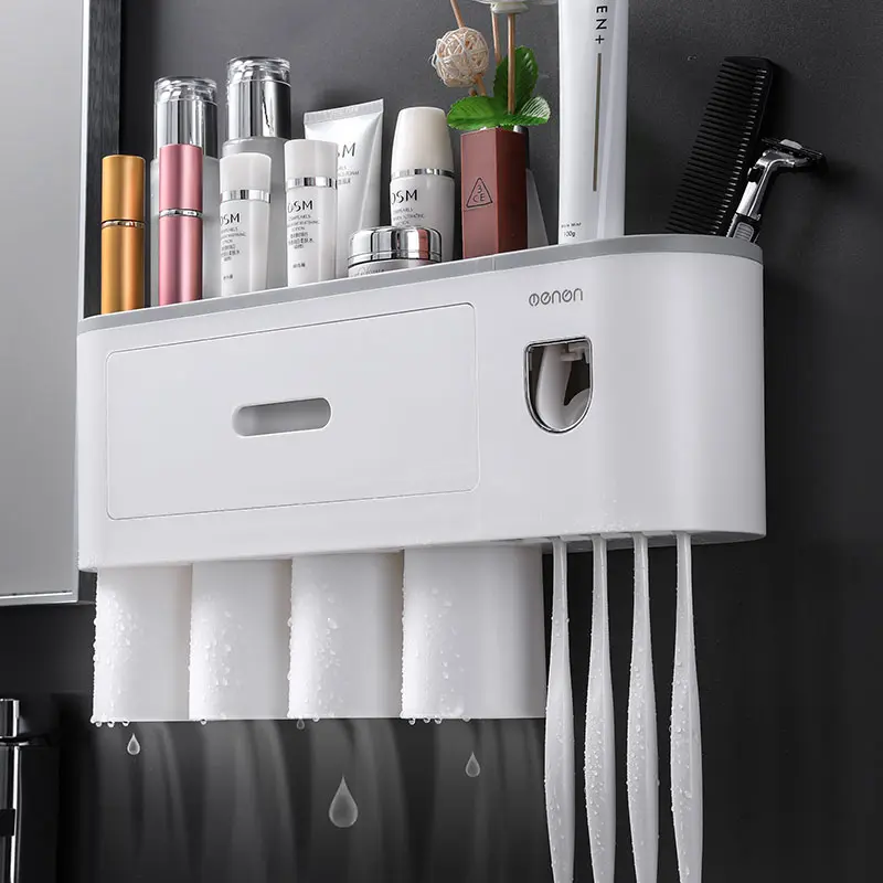 Multifunctional Plastic Wall-Mounted Toothbrush Holder with Toothpaste Dispenser, 1/3/4 Magnetic Cups (Multiple Sizes), Bathroom Accessories, Tooth Brush Holder for Bathroom