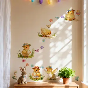 A new pastoral-style Easter egg with a group of chicks wall sticker (30*90cm) for a warm festive atmosphere. It is a self-adhesive home decoration for bedrooms, living rooms, door stickers, and entrance backgrounds, model M20854-KR.