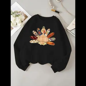 Women's Thanksgiving Turkey Print Round Neck Sweatshirt, Casual Long Sleeve Crew Neck Pullover for Fall & Winter, Women's Tops Womenswear Fit