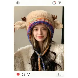 Soft Faux Fur & Knit Beanie Y2K Cute Deer Ear Hat for Fall Winter Outfit Cute Animal Themed Winter Fashion Gift with Stretchy Knit Body and Warm Ear Flaps