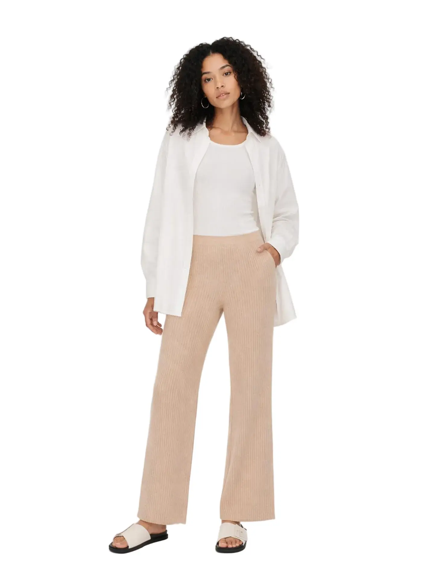 Natural Color Cashmere Pants, Bottoms, Basic, Day, Ribbed, Evening