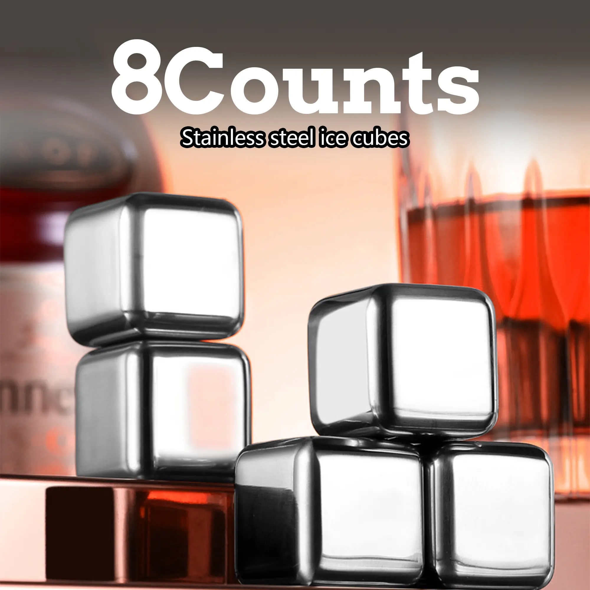 8 Counts Whiskey Stones Gift Set for Men, Reusable Stainless Steel Ice Cubes Chilling Stones, Quick Cooling Rocks with Tongs, Metal Ice Cube for Drinks Beverage Wine