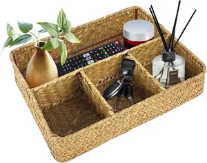 Hand-Woven Storage Baskets Wicker Rattan Divided Basket Organizer for Drawer Baskets for Organizing Cabinet Coffee Table Toilet Paper Storage