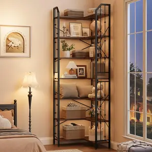 Industrial Corner Bookshelf 86" Tall, 7-Tier L-Shaped Bookcase with Beaded Details & Metal Frame – MDF Storage Shelf for Living Room & Bedroom
