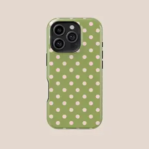 Magsafe Olive Green with Pink Polka Dots Phone Case, Magsafe Compatible Phone Case for Iphone & Samsung |   Aesthetic Style