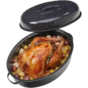 Turkey Roaster Pan 18in Roasting Pan With Lid Enamel Carbon Steel Roaster Pot with 16in Inner Diameter,18 Pound Large Capacity High Temperature Resistance Oval Cookware