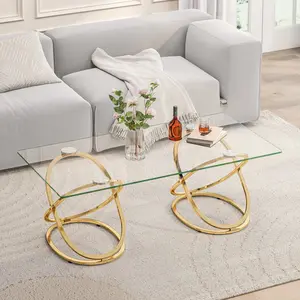 31.50'' Modern Rectangle Glass Coffee Table with Ring-Shaped Frames, Metal Frame and Clear Tempered Glass, Luxury Center Table for Living Room, Bedroom and Office, Gold