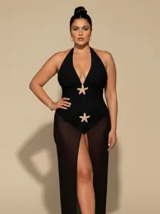 Curvvvy Plus Size One-Piece Swimsuit for Women – Solid Color Nylon Monokini with Mesh Cover-Up Wrap Skirt, Beach Swimwear