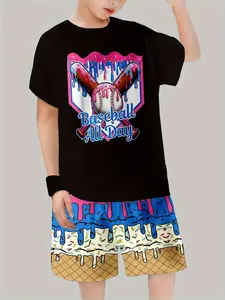 Boys' Baseball All Day Ice Cream Print Short Sleeve Set, Fun Cone Pattern T-Shirt and Shorts Two-Piece, Casual Loose-Fitting