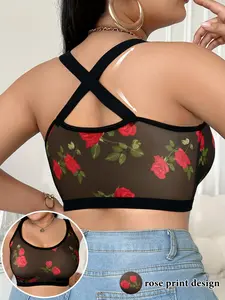 Plus Size Women's Seamless Cross Strap Backless Bra, No Underwire Lingerie, Sporty Workout Bra Ditsy Floral, Loose-Fitting, All Seasons, Unlined Bra