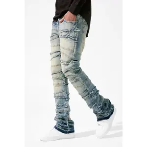 Denim Straight-Leg Pants European and American Street Fashion Ins Hot Style Elastic Patch Denim Straight-Leg Pants Jean Menswear Trouser Man Streetwear Pocket Wetsuit patch  pants