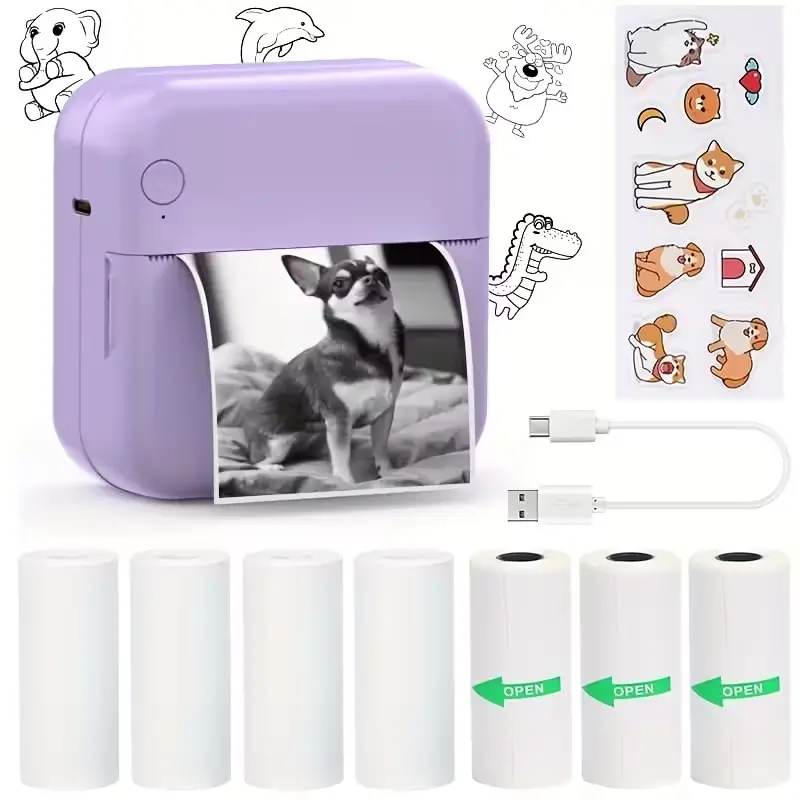 sticker box printer-HuiJuKeJi—Portable pocket sticker printer for iPhone, with 7 rolls of thermal paper (4 rolls of thermal paper+3 rolls of adhesive), used for photos, memos, and diaries