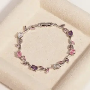 Veliora Gift B Lovely White Gold Plated AAA Cubic Zirconia Gemstone Flower Vine 7 Inches Bracelet for Mothers Sparkling Emerald Leaf Design Dazzlingly Bright Exquisite Craftsmanship