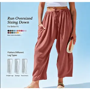 Womens Linen Blend Wide Leg Pants Casual Loose Fit Beach Palazzo Harem Pants with Pockets Spring Summer Style