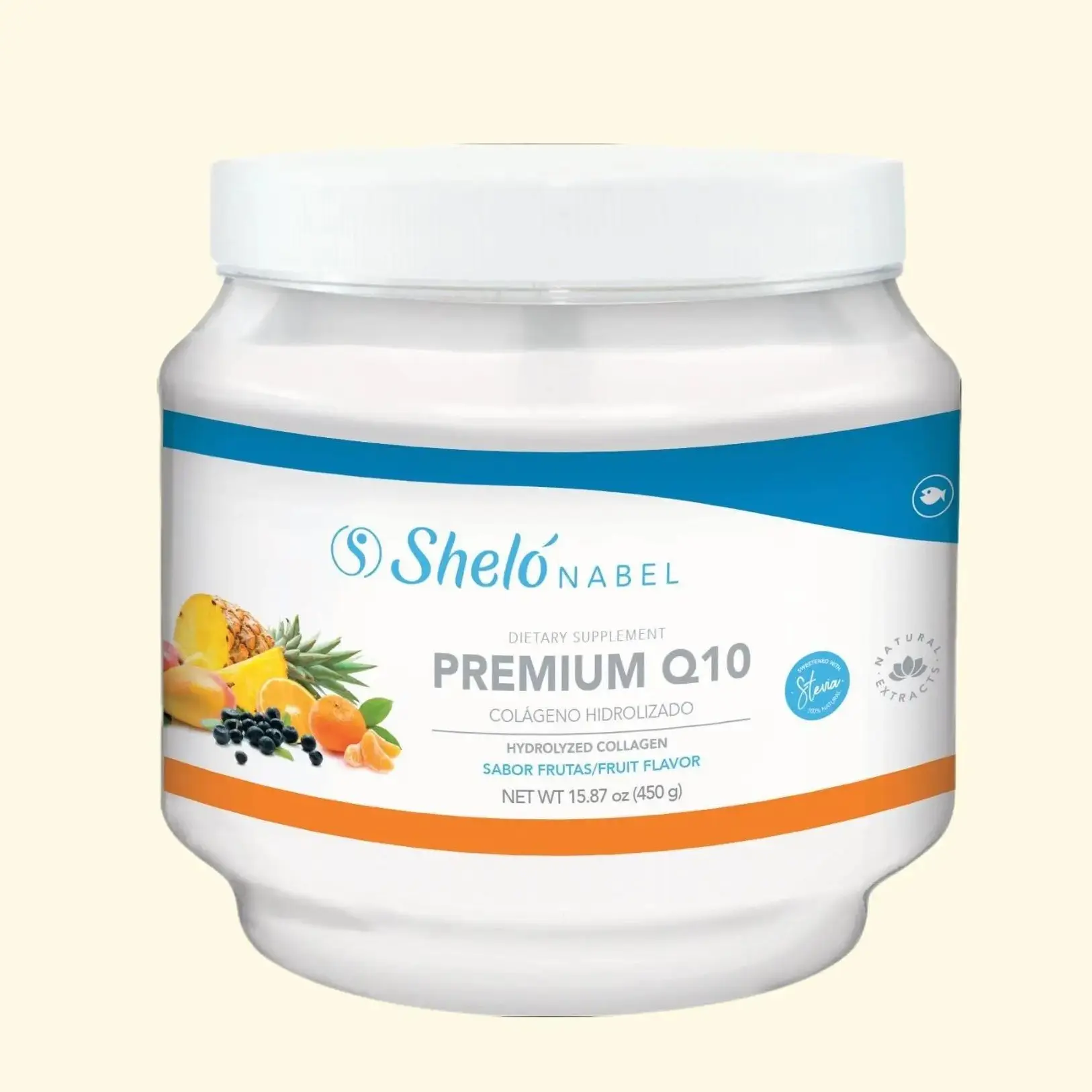 Shelo Nabel Premium Q10 Hydrolized Collagen Powdered Premix Natural Fruit Flavor 15.87 oz Anti-Aging Skin Hair Nails Support