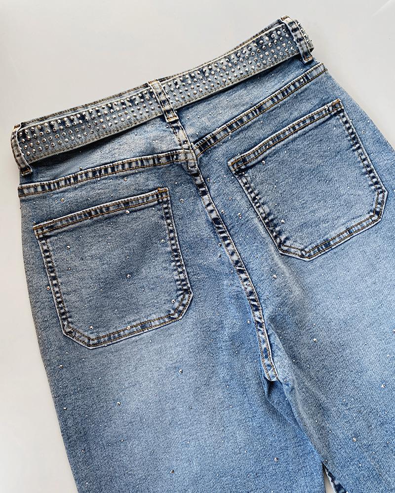 ChicMe Women's Allover Rhinestone Decor High Waist Zipper Fly Jeans Casual Wide Leg Loose Fit Denim Pants with Rhinestone Decor Belt Blue Bottom ChicMe Women's Allover Rhinestone Decor High Waist Zipper Fly Jeans Casual Wide Leg Loose Fit Denim Pants with Rhinestone Decor Belt Blue Bottom