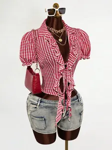 Must-Have for Bold Girls! Plaid Ruffle Tie Short Top, Deep V Necklace Design, Bubble Sleeve Shoulder Line, American Retro Style