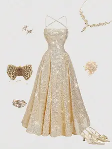 Elegant Princess Style Maxi Dress with Rhinestone Cross Strap and Sequin, Perfect for Evening Parties, Engagement Ceremonies, High-End Social Events