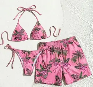 Pink Flamingo Palm Tree Couples Matching Swimsuit Set Women Bikini Men Board Shorts Hawaiian Beach Vacation Summer Pool Party Tropical Outfit