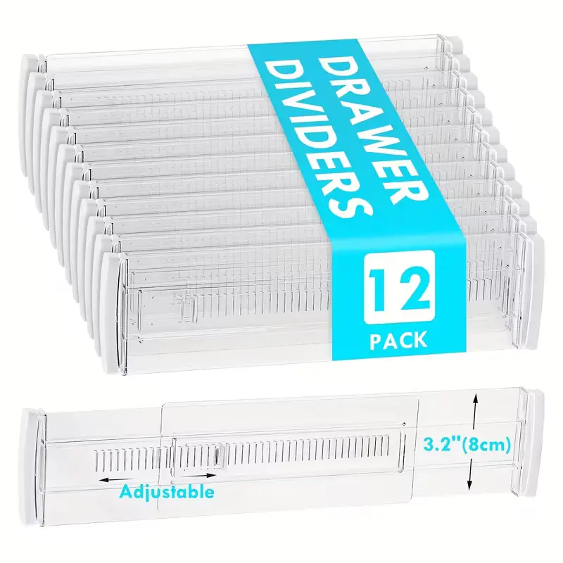 12 Pack Clear Adjustable Drawer Dividers, Expandable 11.3-20in Drawer Organizers 3.2in High, Transparent Separators for Kitchen Utensils, Clothes, Makeup, Bathroom & Home Storage