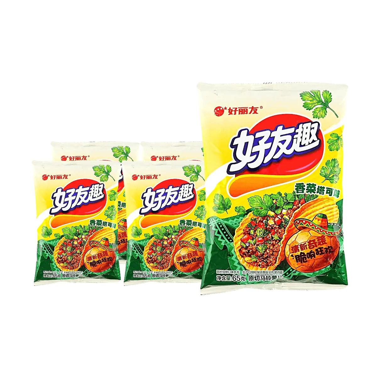 ORION Good Friends Potato Chips, Coriander Taco Flavor, 5 Bags (65g Each) - Unique Snack Challenge, Chinese Version